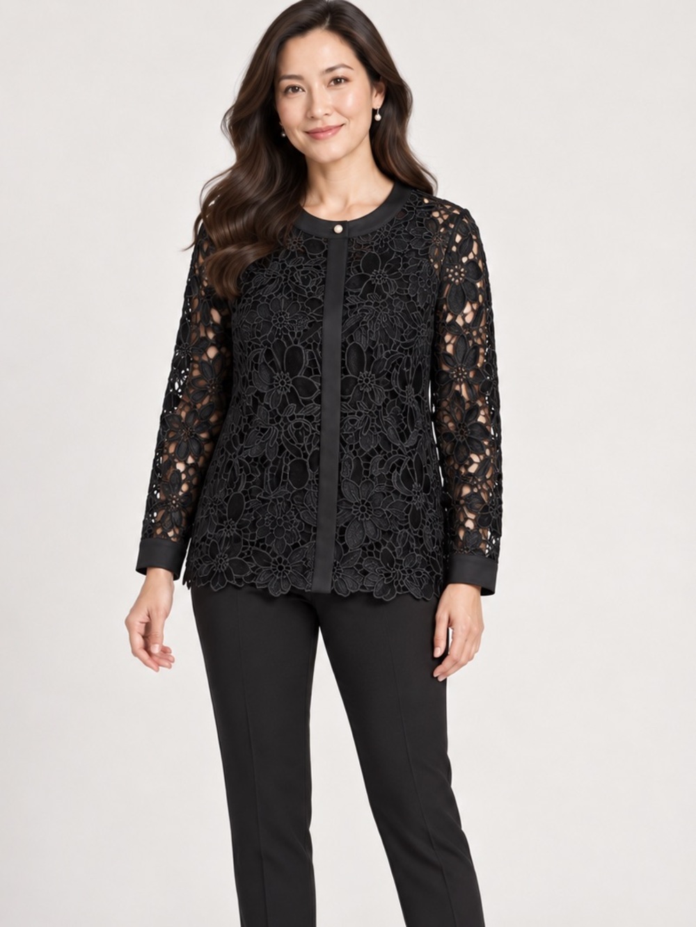 Soft Surrounding Black Floral Lace Velvet Blouse Large Petite Elegant Romantic